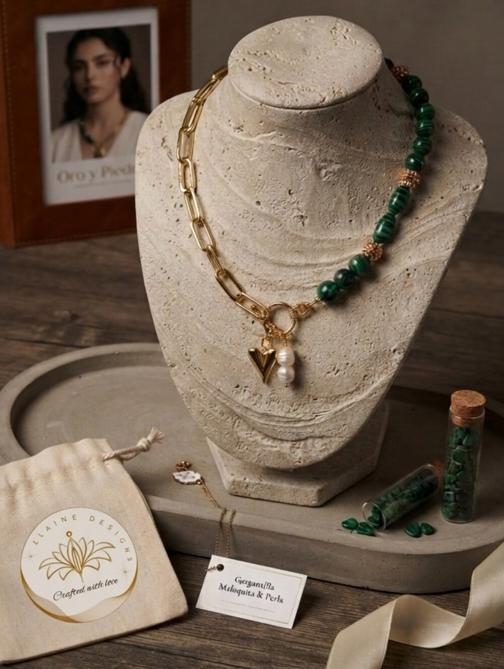 Gold Chain Necklace with Green Malachite Beads and Pendant